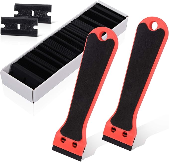 EHDIS 2pcs Plastic Razor Scraper 6-inch Long Handle Adhesive Remover Tool with 100 Double-Edge Blades for Window Tint Vinyl Scraper Decal Sticker Glue Remover (Red)