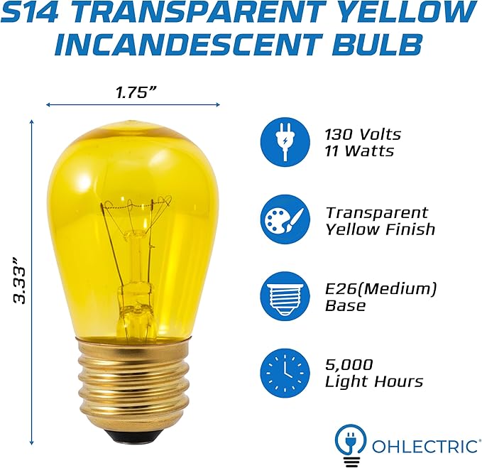 OHLECTRIC Yellow Night Light Bulbs (10-Pack) 11-Watt S14 Sign Bulb, Decorative Light Bulbs, E26 Medium Base, Colorful Bulbs, Dimmable, Sign Replacement Lamp for Indoor & Outdoor Use. Avg Hours 5000