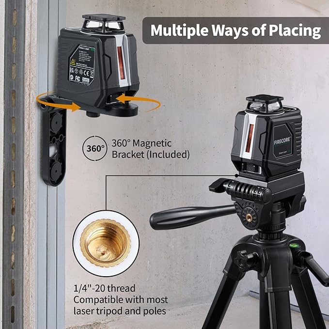 Firecore 360° Laser Level with Tripod, 100Ft Self Leveling Laser Level Green Cross Line Laser Leveler Tool for Picture Hanging Wall Tile Floor Construction, 60" Compact Tripod & Carry Pouch Included