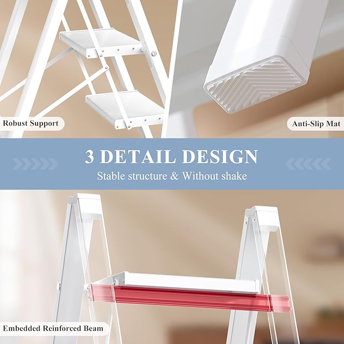GameGem 3 Step Ladder, Folding Step Stool with Wider Pedal, Anti-Slip Feet & Non Slip Stripes, Aluminum Sturdy Material, 300Lbs Capacity, Elegant Look of Modern White Better Matches Your Home