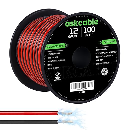 12 Gauge Wire, 12 AWG Electrical Wire Cable, 2 Conductors Red Black Wire, Copper Clad Aluminum(CCA) Flexible PVC Extension Cord for Speaker, Hookup LED Strips, Automotive 12V/24V DC (100FT)