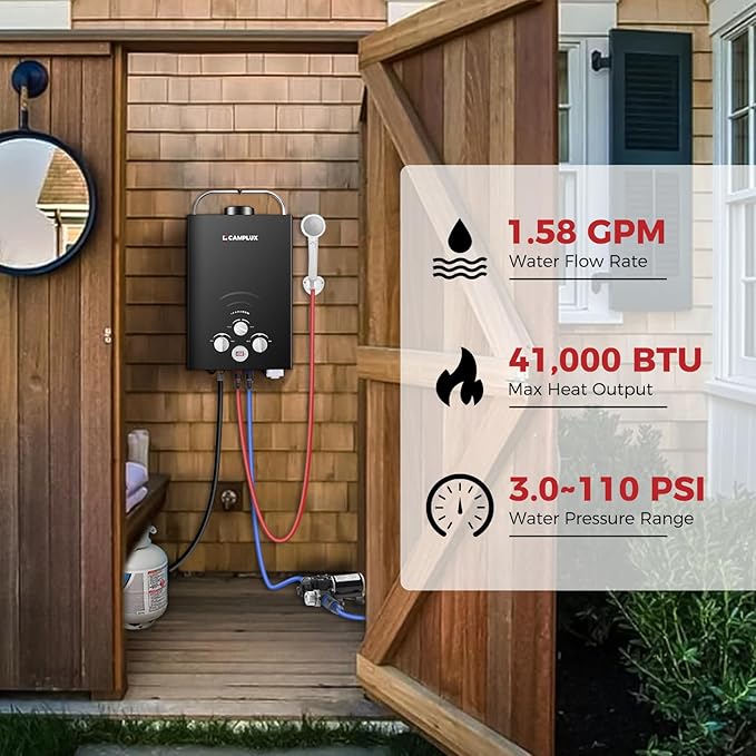 CAMPLUX Portable Water Heater,1.58 GPM Propane Water Heater Outdoor,41,000 BTU Camping Water Heater with 1.6 GPM Water Pump Pack，BW158GP60, Black
