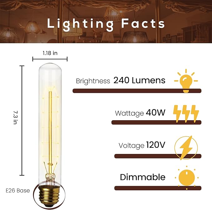 4 Pack T10 7.3 Inch Long Tubular Light Bulbs, 40W Bulb, Clear Incandescent, E26 Medium Base, Warm White, Dimmable Vintage Tubular Style Showcase Bulb