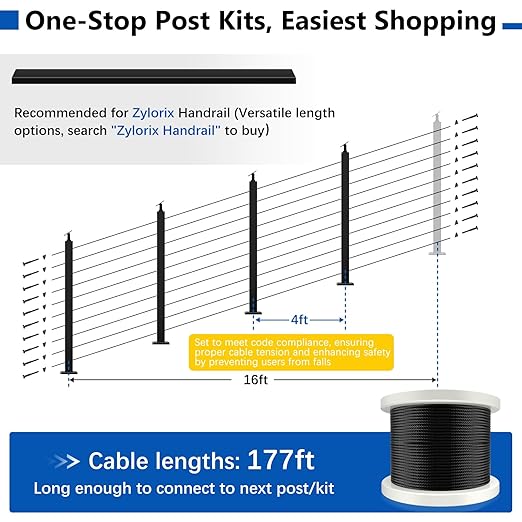 36" Expandable 12-16FT Black T304 Cable Railing Post Kit, Complete Cable Railing System with 4 Stair Posts, 177ft 1/8" Wire Rope(No Handrail), Adjustable Length Easy DIY for 25-35°Stairway