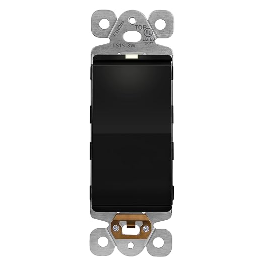 LIDER Minimalist Design Matte Finish Lighted Decorator Switch, Frameless Paddle Light Switch with Locator Light, Grounding Screw, 3-Way or Single Pole, 15A 120V, UL Listed, LS15-3W-BK, Black