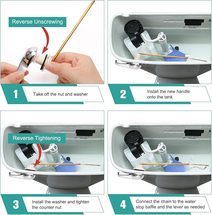 Universal Metal Front Mount Toilet Handle Replacement Kit Chrome Toilet Handle Brass Lever with Stainless Steel Chain Front Universal Flusher Replacement Kit