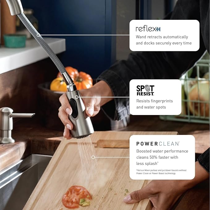 Moen Essie Spot Resist Stainless Pulldown Sprayer Kitchen Sink Faucet Set with Modern Pump Soap Dispenser, 87014SRS