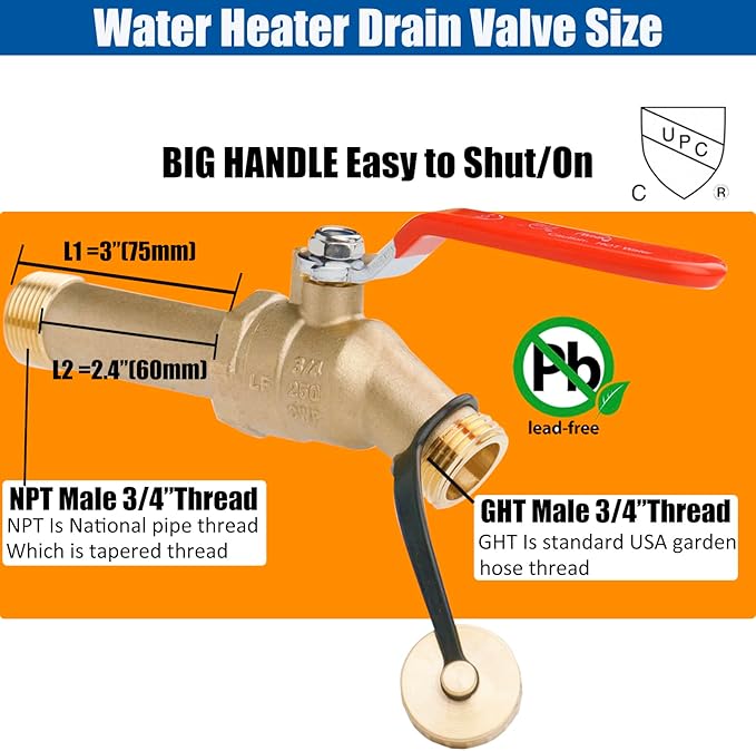 WHK Water Heater Drain Valve 3/4"MIP X 3/4" Male GHT Full Port Connection to drain or Flush Hot Water Heater Faster and Easy(Lead-Free Brass,3 Inch Shank with Long Handle)