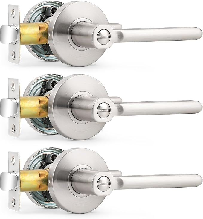 Probrico Privacy Door Handle Lever Satin Nickel Bed/Bath Door Levers Intrior Lockset Keyless Privacy Handles (3 Pack)