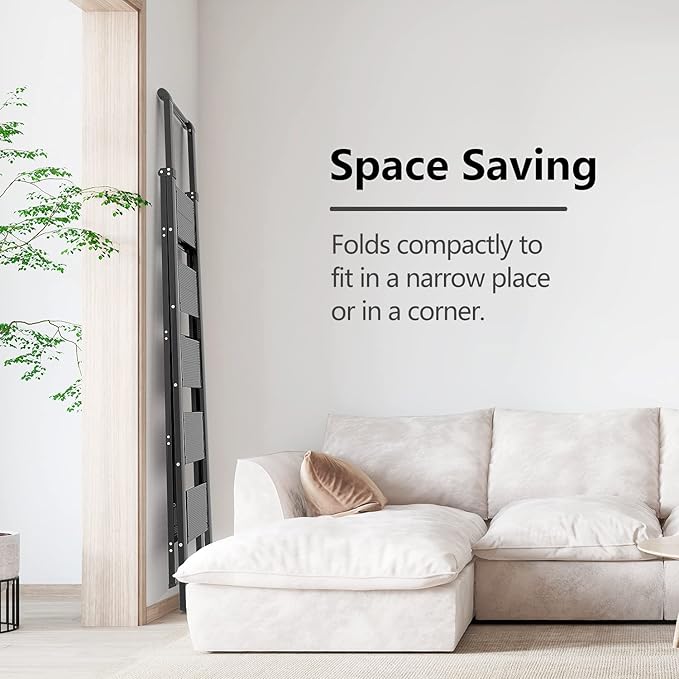 5 Step Ladder, Folding Step Stool with Handgrip and Anti-Slip Wide Pedal, Portable Iron Stepladder for Kitchen, Home, Library, Office (300 lbs Capacity) - Black