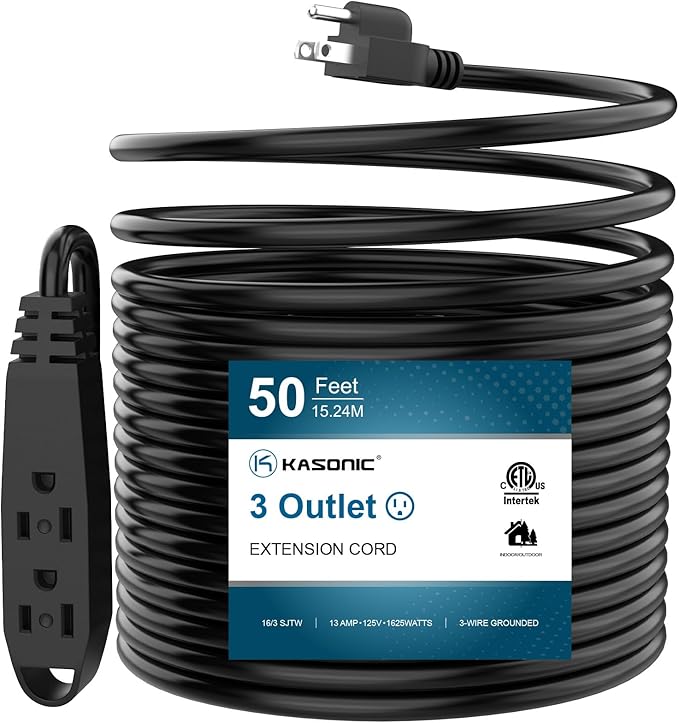 K KASONIC - 50-Feet 3 Outlet Extension Cord, ETL/UL Listed, 16/3 SJTW 3-Wire Grounded, 13 Amp 125 V 1625 Watts, Multi-Outlet Indoor/Outdoor Use, Black