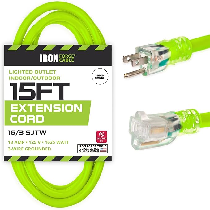 Iron Forge Cable Weatherproof 15 Ft Outdoor Extension Cord - 16/3 SJTW 13 Amp Heavy Duty Neon Green High Visibility Cable with 3 Prong - Lighted End