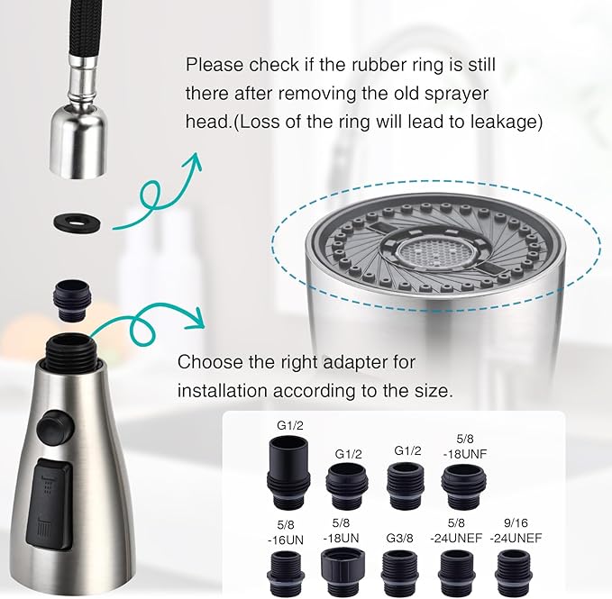 Metal Kitchen Faucet Head Replacement, 3-Function Pull Down Spray Head for Kitchen Faucet, High Pressure Sink Spray Nozzle with 9 Adapters Compatible with American Standard, Brushed Nickel