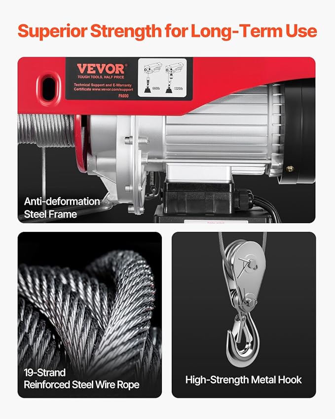 VEVOR Electric Hoist, 1320 lbs 120V Electric Winch with 328 ft Wireless & 14 ft Wired Remote Control, 40 ft Single Cable Lifting Height, Single/Double Slings, Lift Hoist for Garage Warehouse Factory