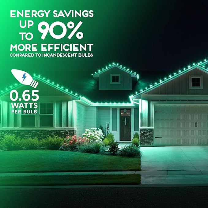 HLO Lighting Set of 25 Green C9 Faceted LED Christmas Light Bulbs for Indoor & Outdoor Use | Durable Replacement Bulb