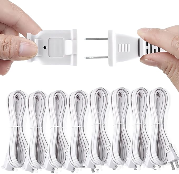 8-Pack Extension Cord 2 Prong,10FT Long Cords Extension for Indoor/Outdoor,US Male/Female Power Cable for NEMA 1-15P to NEMA 1-15R,White