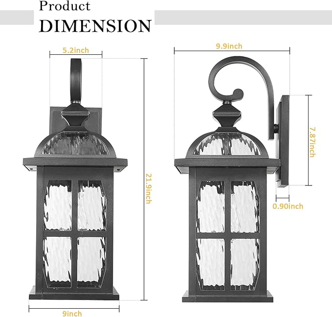 Darkaway 2pcs Large Outdoor Wall Light, 22inch Exterior Light Fixture with Water Ripple Glass, Aluminum Outside Lights Sconces Exterior Lighting for House Porch Patio Doorway