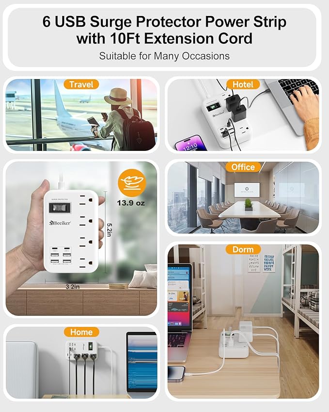 6 USB(2 USB C) Surge Protector Power Strip- 10 Ft Extension Cord with 24W USB Charging Station and 4 Outlets, Long Flat Extension Cord with Multiple Outlets for Travel Home Office Dorm White