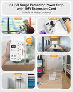 6 USB(2 USB C) Surge Protector Power Strip- 10 Ft Extension Cord with 24W USB Charging Station and 4 Outlets, Long Flat Extension Cord with Multiple Outlets for Travel Home Office Dorm White