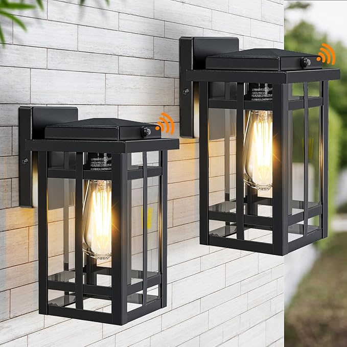 2 Packs Dusk to Dawn Outdoor Wall Lighting 9.76'', Exterior Light Fixture Wall Mount for House Front Porch Light, Black Anti-Rust Modern Outdoor Lantern with Tempered Glass Shade for Garage