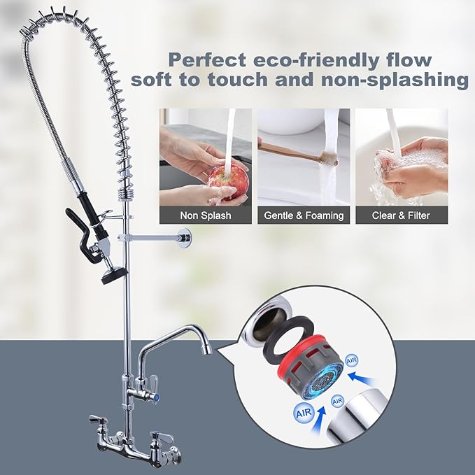 47" Height Commercial Kitchen Sink Faucet with Pre-Rinse Sprayer, 8 Inch Wall Mount Center Sink Faucet with Pull Down Spray Unit, Compartment Sink Faucet with 10" Swivel Spout for Restaurant