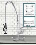 36" Height Commercial Faucet Wall Mount with Sprayer 8" Adjustable Center 10" Swing Spout, Kitchen Sink Faucet with Pull Down Pre-Rinse Sprayer for Restaurant Industrial Kitchen, Chrome
