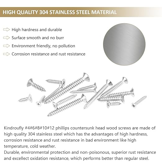 527 Pieces #4#6#8#10#12 Phillips Countersunk Head Self-Tapping Screws, Wood Screws Assortment Kit, 304 Stainless Steel