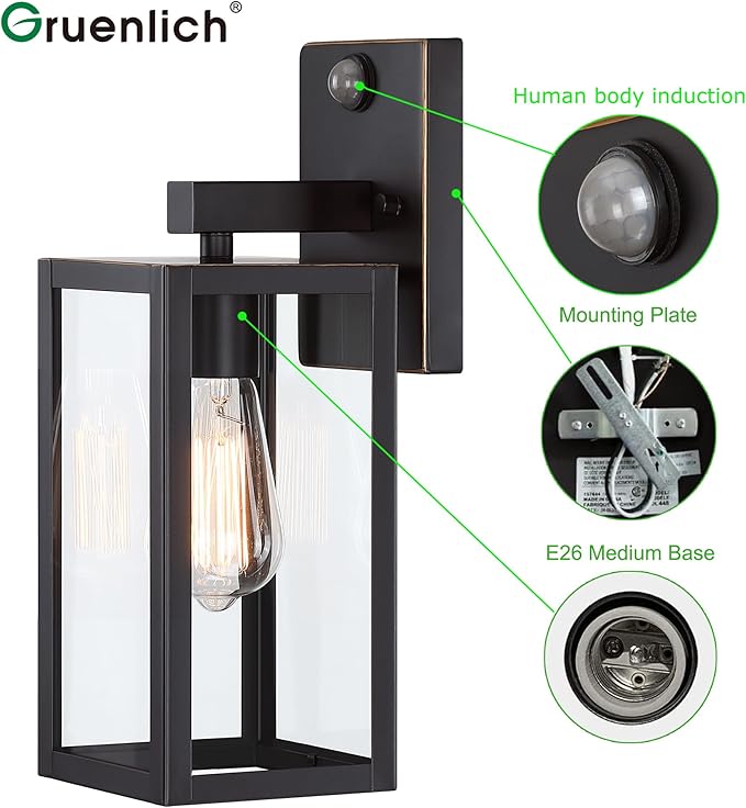 GRUENLICH Dusk to Dawn Large Outdoor Wall Lantern, PIR Motion Sensor Wall Sconce, E26 Base Max 60W, Metal Housing Plus Glass, Oil Rubbed Bronze Finish, Bulb Not Included, 1-Pack