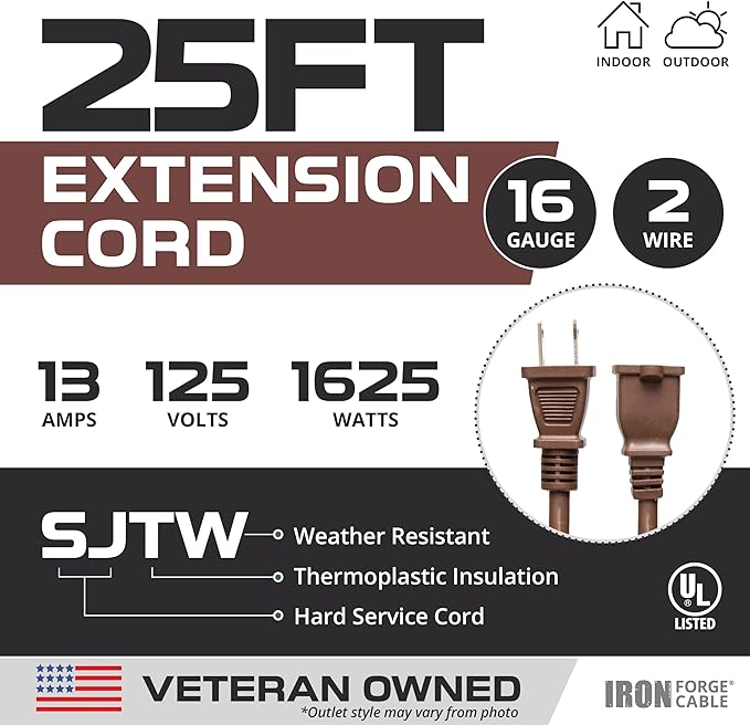 Iron Forge Cable 2 Prong Outdoor Extension Cord 25 ft, 16/2 SJTW 25 Foot Brown Extension Cord, Weatherproof - Great for Outdoor Lights, Deck, Patio