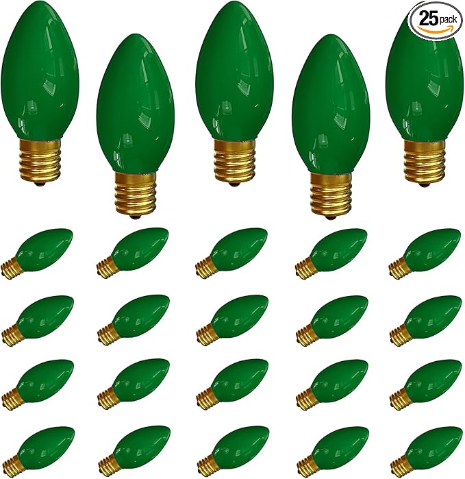25 Pack C9 Ceramic Green Replacement Bulbs, St. Patrick's String Light Bulb Vintage Incandescent Light Bulbs for Christmas Wedding Patio St. Patrick's Day Decoration, E17/C9 Intermediate Base, 7 Watt