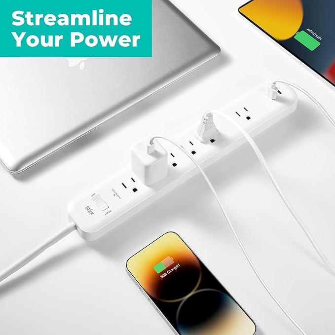 KMC 6-Outlet Surge Protector Power Strip, 1 USB-A & 1 USB-C Port, 840J Power Surge Protectors, 6ft Extension Cord, Flat Plug, White Power Strip Surge Protector, ETL/UL Certified Power Strips, White