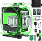 Laser Level, 4x360° Self Leveling Green Cross Line Laser for Construction and Picture Hanging with Rechargeable battery, Remote Controller, Magnetic Rotating Stand