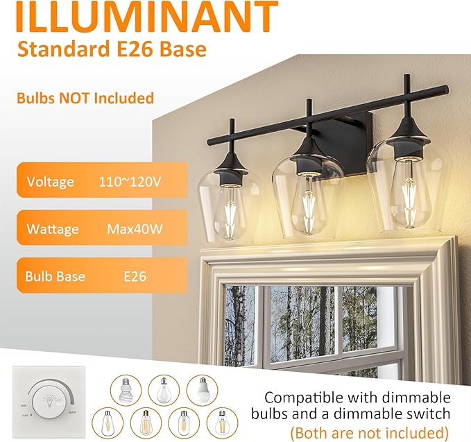 Vanity Bathroom Light, 3-Light Bathroom Light Fixtures Over Mirror, Black Vanity Lights for Bathroom with Clear Glass, Modern Wall Lamp for Cabinet Hallway, Bedroom