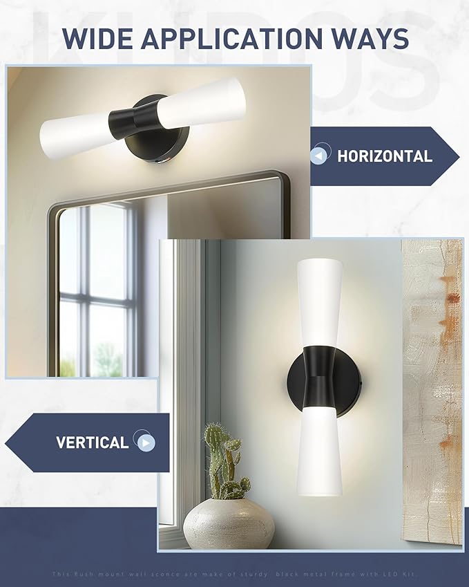 kudos Bathroom Sconces Set of 2, 16inches Black Vanity Light Fixtures, Modern Bathroom Light Fixtures with Milk White Glass, Dimmerable 3000K/4000K/5000K for Bedroom Hallway, KDVL13-BK-2PK