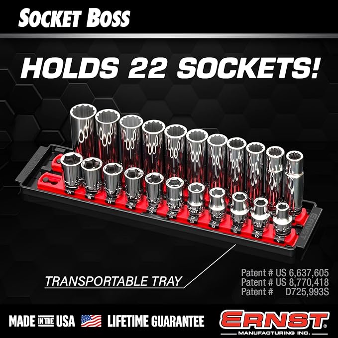 Ernst Manufacturing Socket Organizer Rails - Socket Boss 2-Rail 1/2-Inch-Drive Twist-Lock Socket Holder, 13-Inch, Red (8494) - Made in the USA