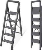 KINGRACK Aluminium 5 Step Ladder, Lightweight Step Stool with Non-Slip Pedals, Handrail, Folding Step Ladder for Kitchen, Garage, Home, Space Saving, Sturdy and Portable, Black