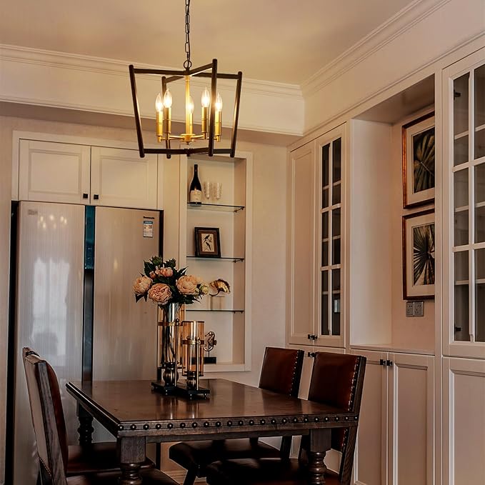 Black Gold Chandelier Light Fixture, Geometric Modern Farmhouse Pendant Light for Dining Living Room Entryway Kitchen Island Bedroom Chandelier, 5 Lights Metal Hanging Ceiling Light, 20 Inch