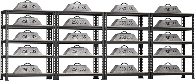 5-Shelf Heavy Duty Shelving - Adjustable Garage Storage Shelves, Metal Utility Storage Racks for Warehouse Pantry Basement Kitchen, Garage Organizers Shef Unit, Black, Packs of 4