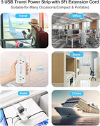 5 USB(3 USB C) Travel Power Strip- 5Ft Short Extension Cord with 5 USB Charging Station 24W/4.8A and 4 Wide Outlets, Compact Flat Plug Small Extension Cord for Travel Cruise College Dorm Office White