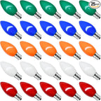 25 Pack C9 Multicolored Replacement Bulbs, 7 Watts Night Light Bulbs, C9 Colored Ceramic Incandescent Bulbs for Vintage Christmas Lights Outdoor Indoor Home Party Decorations, E17 Candelabra Base