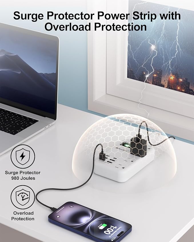 6 USB(2 USB C) Surge Protector Power Strip- 10 Ft Extension Cord with 24W USB Charging Station and 4 Outlets, Long Flat Extension Cord with Multiple Outlets for Travel Home Office Dorm White