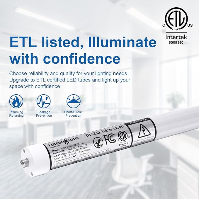 8ft T8 LED Bulbs 40W 80W Equivalent, 6000k Cool White 4000LM, FA8 Single Pin Tube Light, Dual-End Power Ballast Bypass, T8 T10 T12 Fluorescent Replacement, Clear Cover ETL Listed, 20-Pack