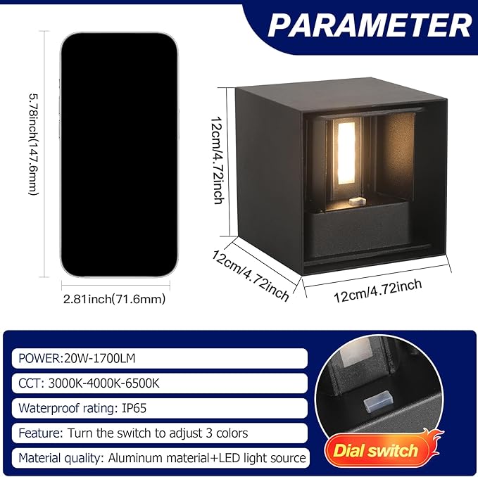 LED 20W Outdoor Wall Lights Exterior/Interior 3 Colors Adjustable Wall Sconce Up and Down Light Porch Lights IP65 Waterproof Exterior Wall Sconce Modern Outdoor Lighting Square Aluminum Black