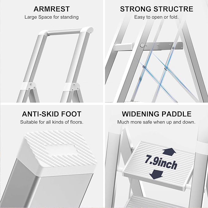 GameGem 6 Step Ladder for 12 Feet High Ceiling, Lightweight Aluminum Folding Step Stool with Convenient Handgrip, Stepladders with Anti-Slip and Wide Pedal for Home Use Space Saving - White