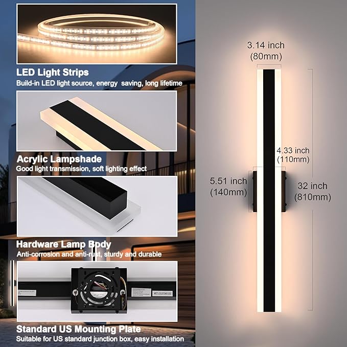 TODOLUZ 2-Pack 32-Inch LED Outdoor Wall Light Fixture, 24W IP65 Waterproof Exterior Linear Wall Mount Lighting, 5 Color Temperature Mode (3000K/3500K/4500K/5000K/6000K)