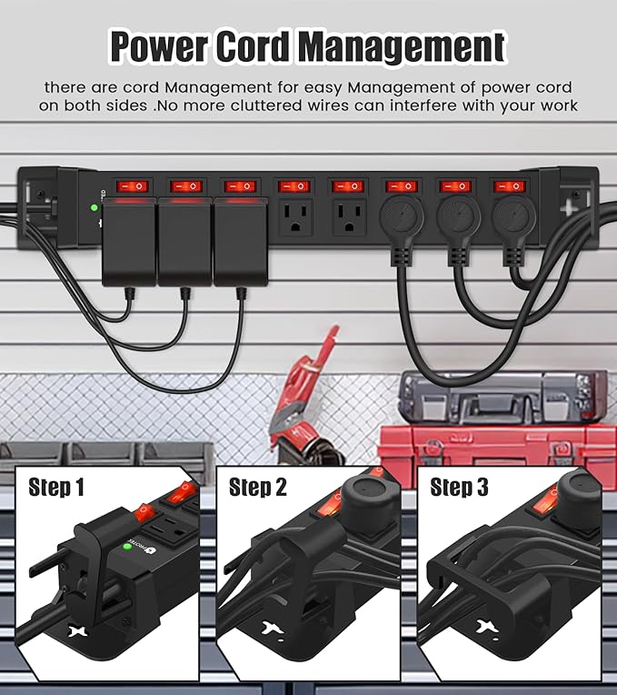 Heavy Duty Power Strip with Individual Switches,8 Outlets 14 Gauge Industrial Shop Garage Metal Multiple Outlets,1200J Surge Protector Mountable Power Strip,10FT Extension Cord Management(Black)