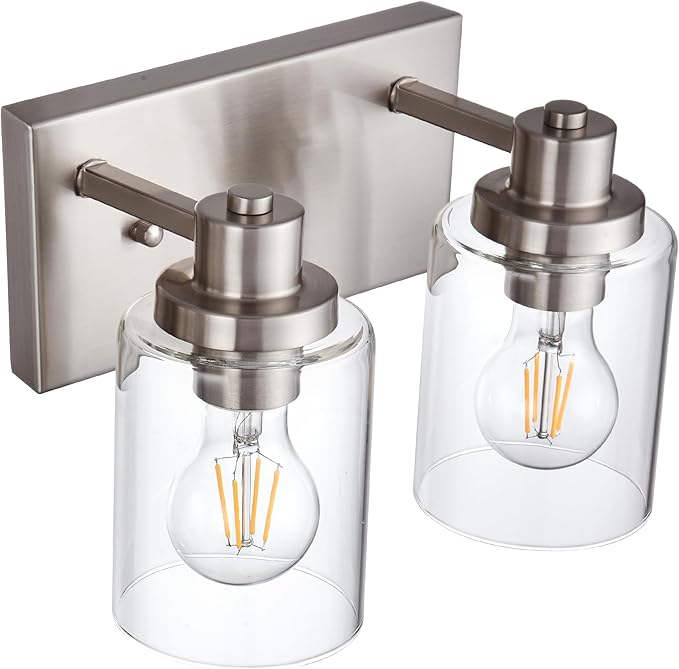 2 Light Vanity Light Fixtures - Brushed Nickel, Modern Design with Clear Glass Shade, Farmhouse Style Over Mirror Lighting