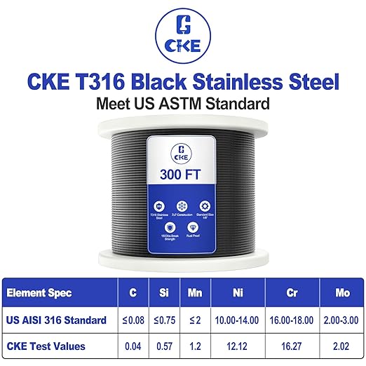 CKE 300FT 1/8" Black Stainless Steel Cable for Railing, T316 Stainless Steel Marine Grade Wire Rope for Deck Cable Railing Kit,1850lbs Breaking Strength 7x7 Strand Aircraft Cable DIY Balustrade, BCW6