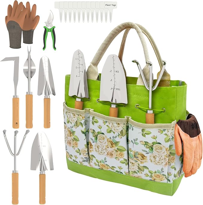Gardening Tools 20-Piece Heavy Duty Garden Hand Tools Stainless Steel Ergonomic Rust-Proof Garden Tool Set - with Fashion and Durable Garden Tools Storage Bag - Ideal Gardening Gifts for Women