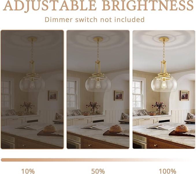 Industrial Round Chandelier Rustic Ceiling Light Fixture Farmhouse Pendant Light with Clear Glass Shade for Dining Room Hallway Entryway Kitchen Bedroom, Gold